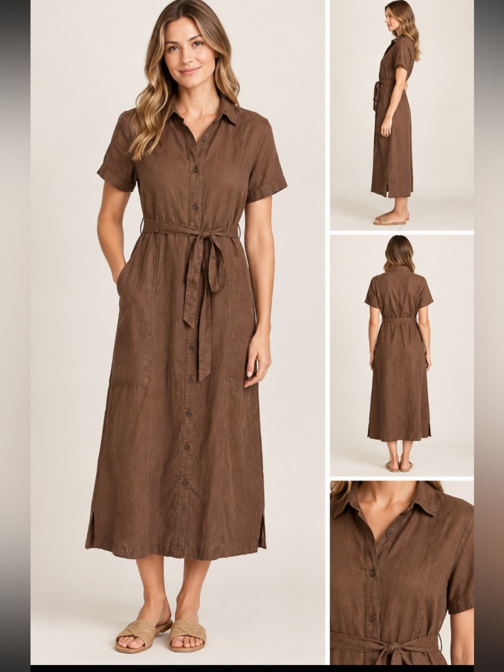 Lands' End Brown Short-Sleeve Button Midi Shirt Dress with Tie Waist